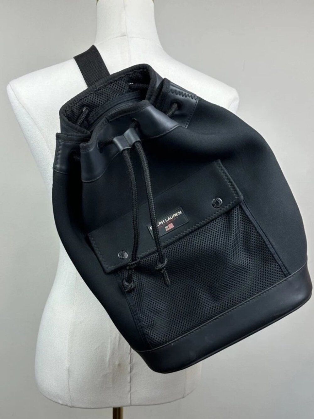 Vintage 90s Polo Ralph Lauren Neoprene Drawstring Sling Backpack Black USA